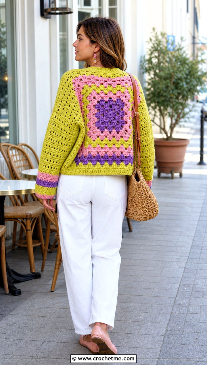 Striped Back Oversized Granny Square Sweater With White Jeans - 15 Crochet Oversized Granny Square Sweater outfit ideas