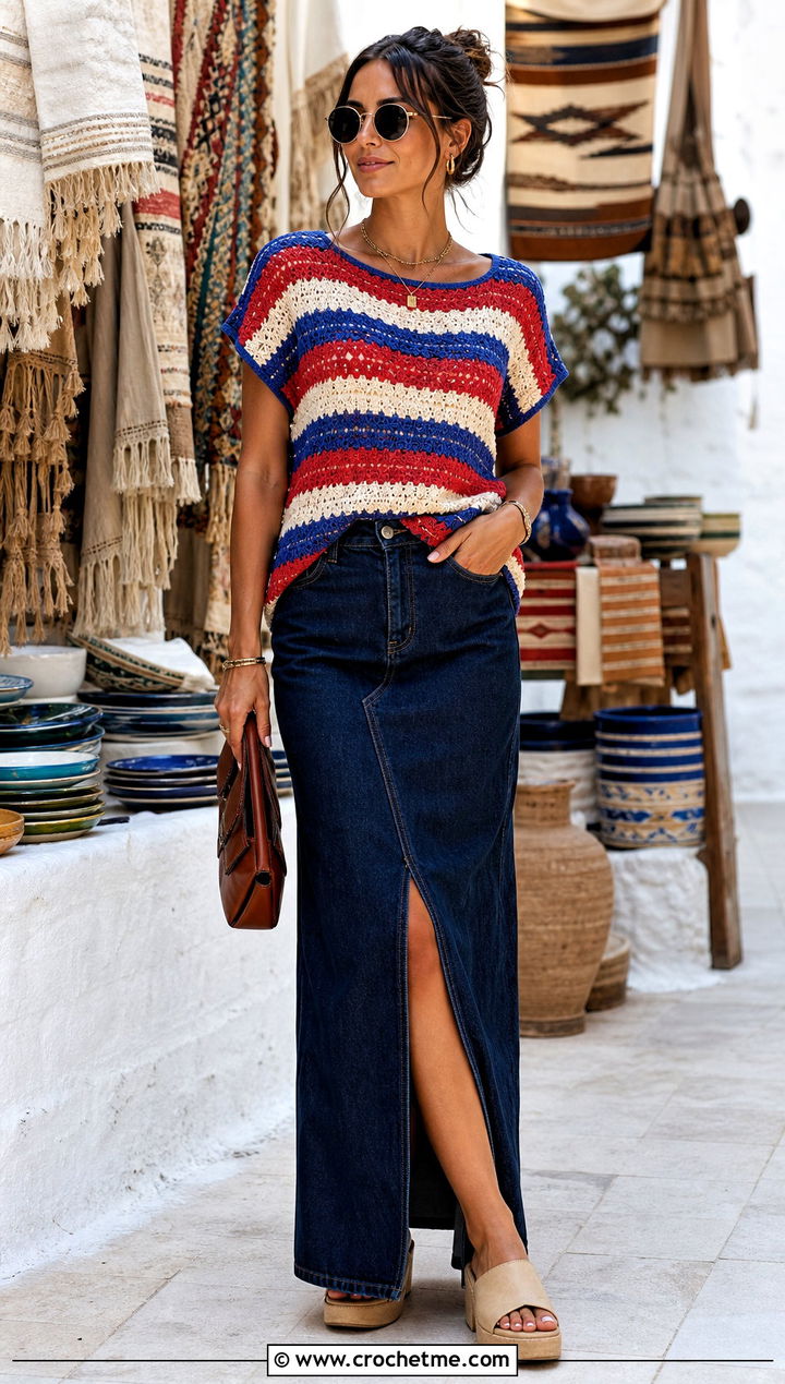 Striped Bead Stitch Crochet Cover Up With Denim Maxi Skirt - 30 crochet beach cover up top outfit ideas