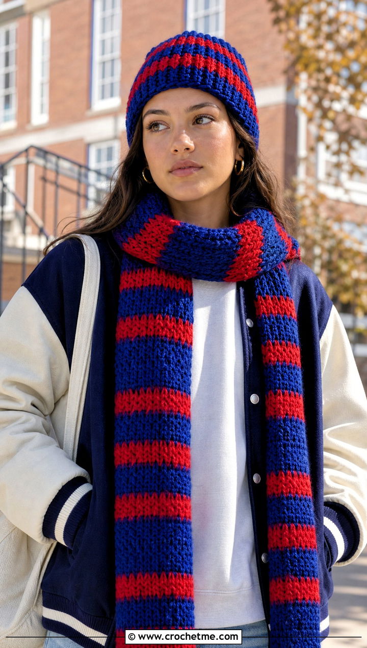 Striped Beanie And Scarf Set With Varsity Jacket - 25 Crochet Scarf And Hat Set outfit ideas