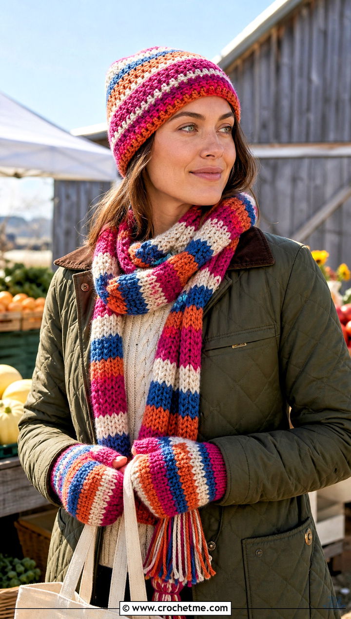 Striped Beanie Tassel Scarf And Mittens With Barn Jacket - 25 crochet hat scarf gloves set outfit ideas