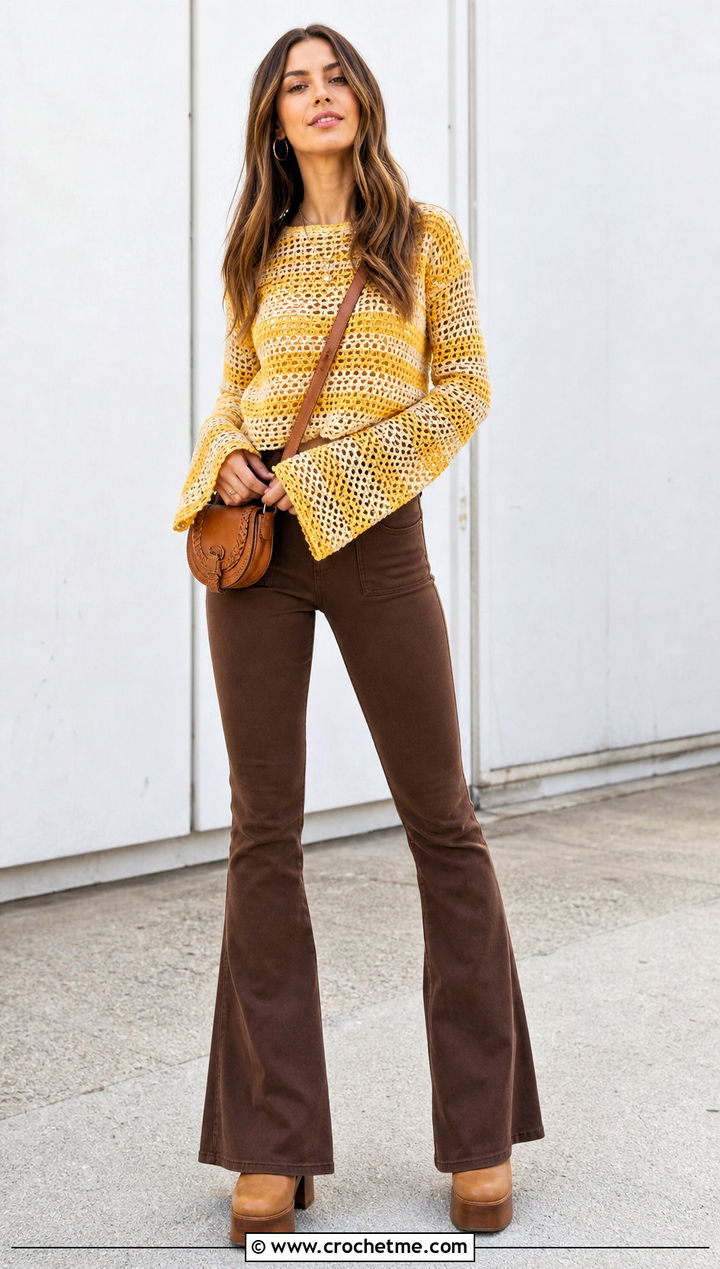 Striped Bell Sleeve Crochet Sweater With Flared Pants - 25 vintage crochet sweater outfit ideas