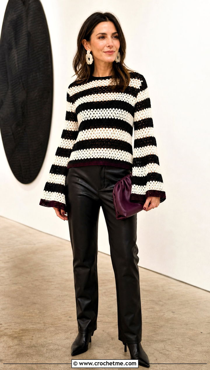 Striped Bell Sleeve Crochet Sweater With Leather Pants - 35 black and white crochet sweater outfit ideas