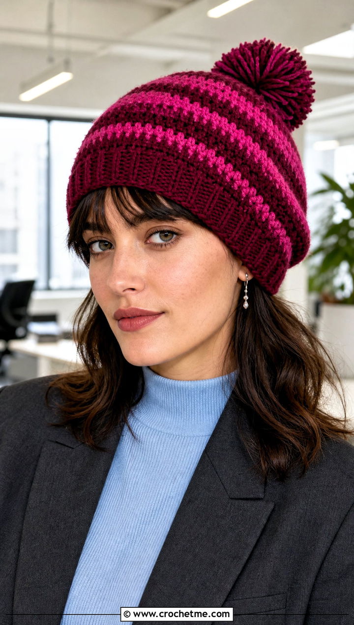 Striped Bert Crochet Hat With Tailored Blazer - 15 Bert Crochet Hat outfit ideas