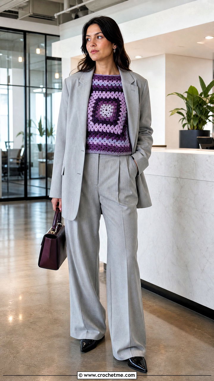 Striped Big Granny Square Sweater With Matching Suit - 35 big granny square sweater outfit ideas