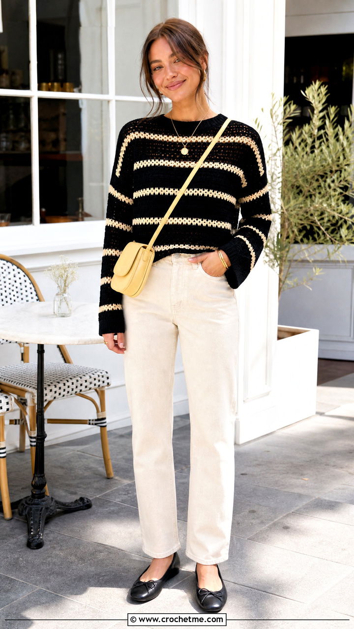 Striped Black Crochet Sweater With Ecru Jeans - 35 black crochet sweater outfit ideas
