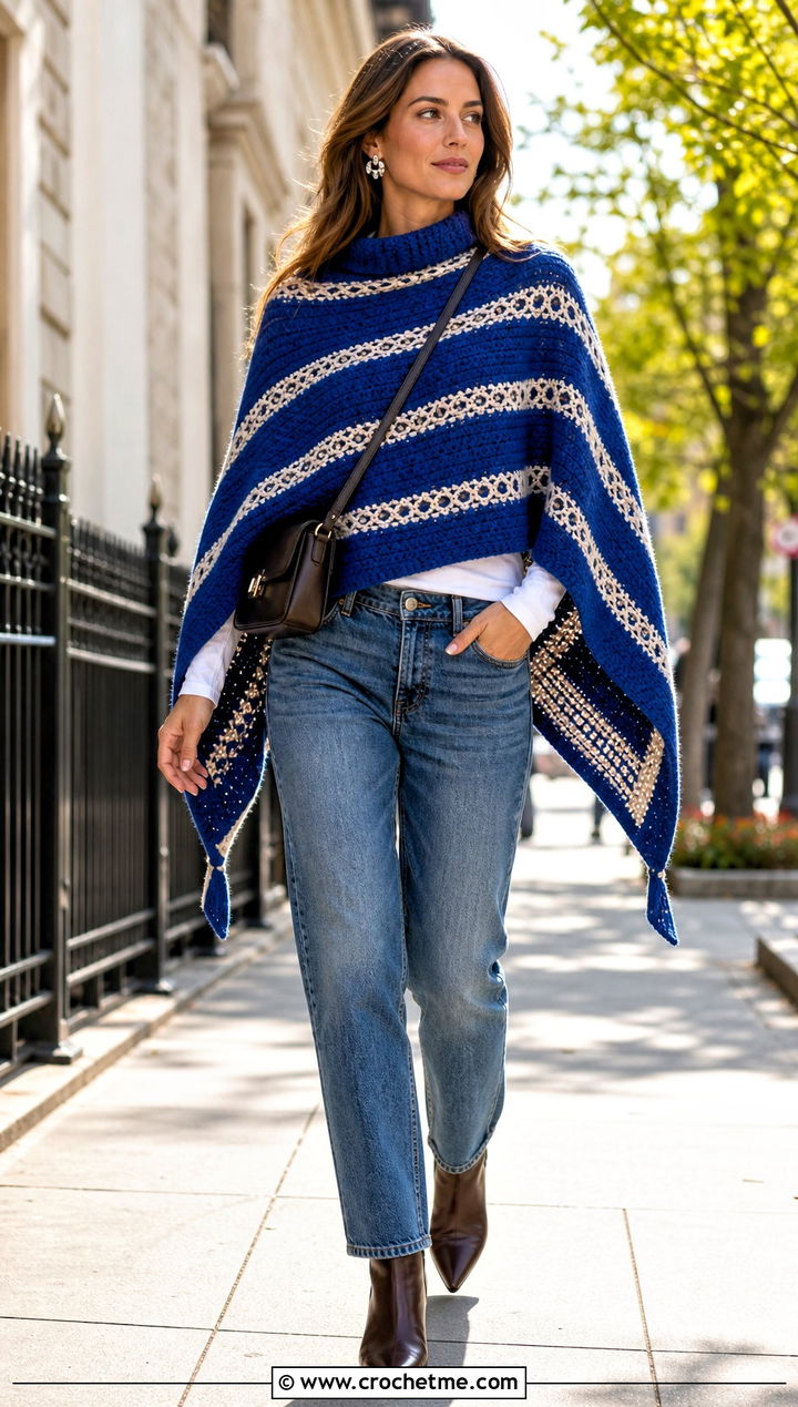 Striped Blanket Crochet Clint Eastwood Poncho With Straight Leg Jeans - 15 Crochet Clint Eastwood Poncho outfit ideas