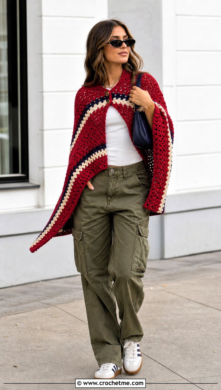 Striped Blanket Crochet Poncho With Cargo Pants - 15 Blanket Crochet Poncho outfit ideas