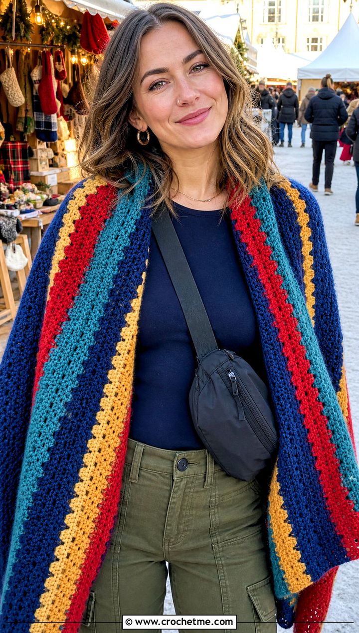 Striped Blanket Crochet Winter Shawl With Cargo Pants - 15 Crochet Winter Shawl outfit ideas