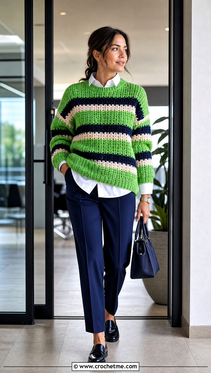 Striped Blanket Sweater With White Shirt And Trousers - 30 crochet blanket sweater outfit ideas