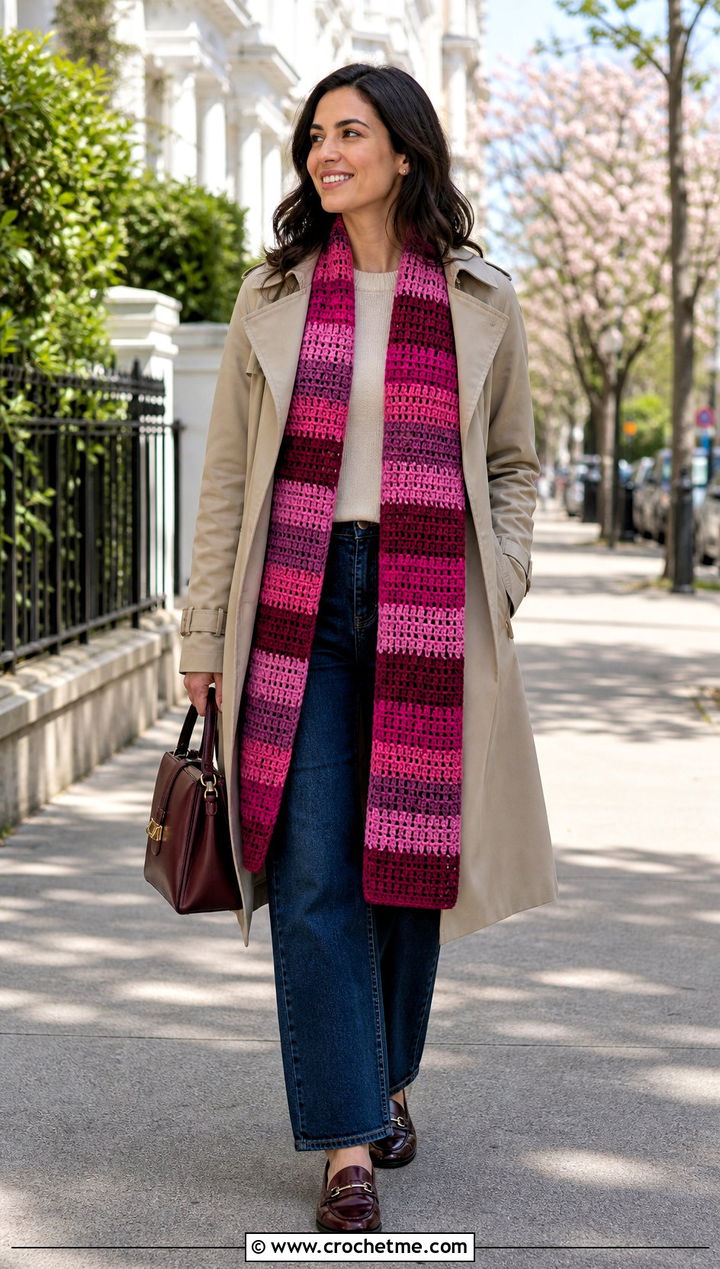 Striped Block Stitch Crochet Shawl With A Trench Coat - 15 Block Stitch Crochet Shawl outfit ideas