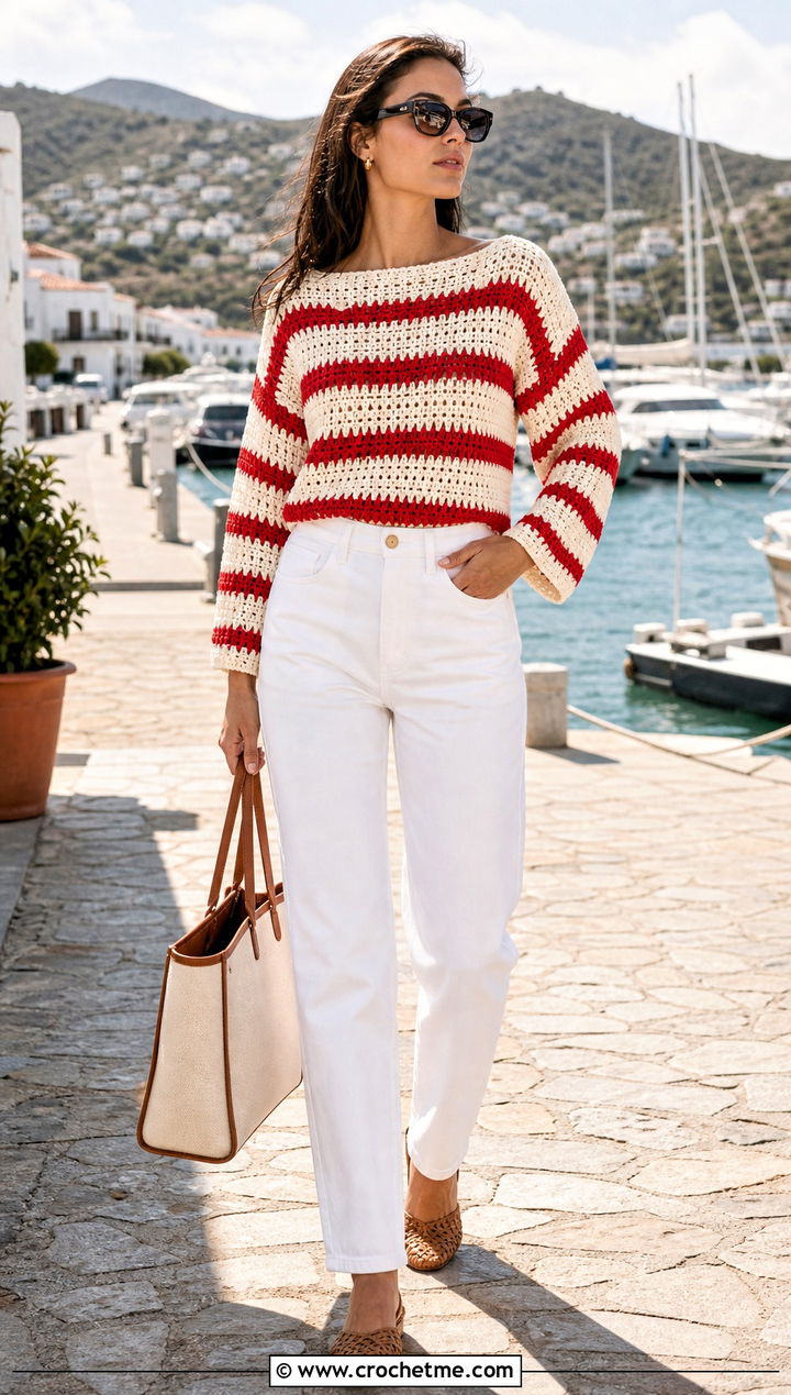 Striped Boatneck Crochet Sweater Top With White Pants - 35 Crochet Top Sweater outfit ideas