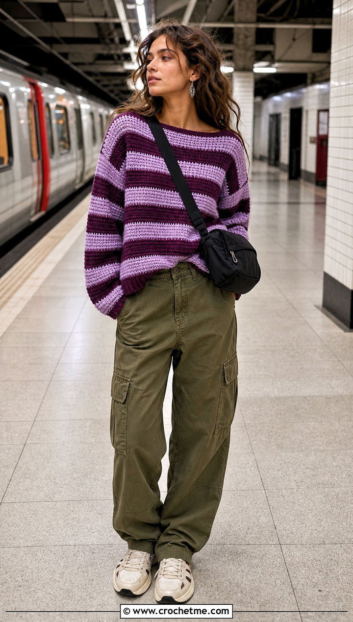 Striped Boatneck Crochet Sweater With Utility Pants - 25 Boatneck Crochet Sweater outfit ideas