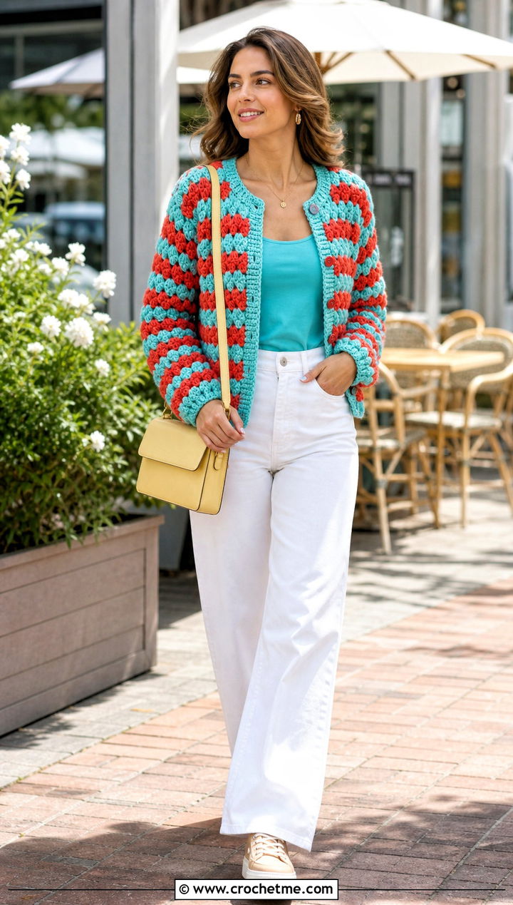 Striped Bobble Cardigan With White Jeans - 25 Crochet Bobble Cardigan outfit ideas