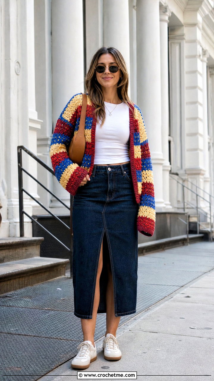 Striped Boho Crochet Cardigan With Denim Midi Skirt - 35 Boho Crochet Cardigan outfit ideas