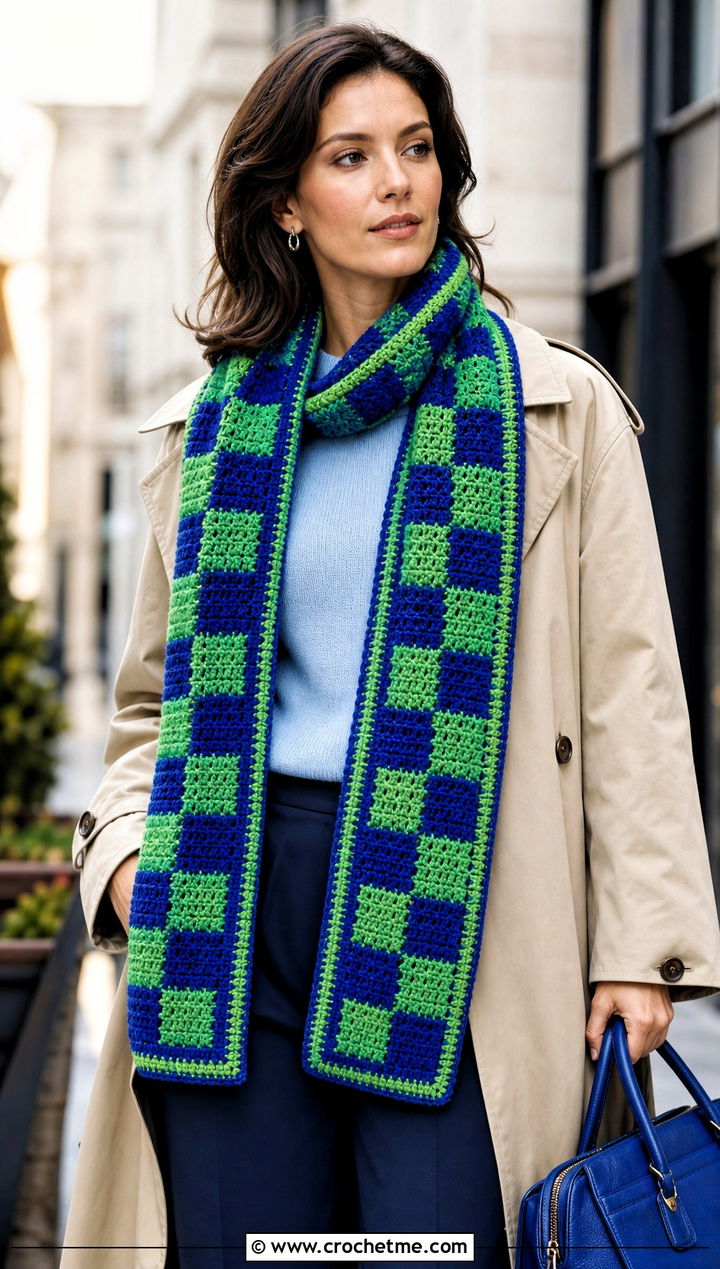 Striped Border Buffalo Plaid Crochet Scarf With Trench Coat - 15 buffalo plaid crochet scarf outfit ideas