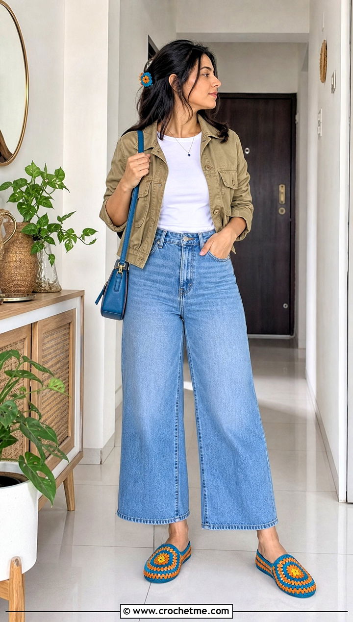 Striped Border Granny Square Slippers With Wide Leg Jeans - 35 granny square slippers outfit ideas