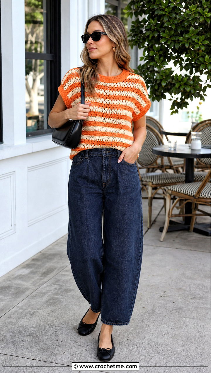 Striped Boxy Crochet Short Sleeve Sweater With Barrel Jeans - 25 Crochet Short Sleeve Sweater outfit ideas
