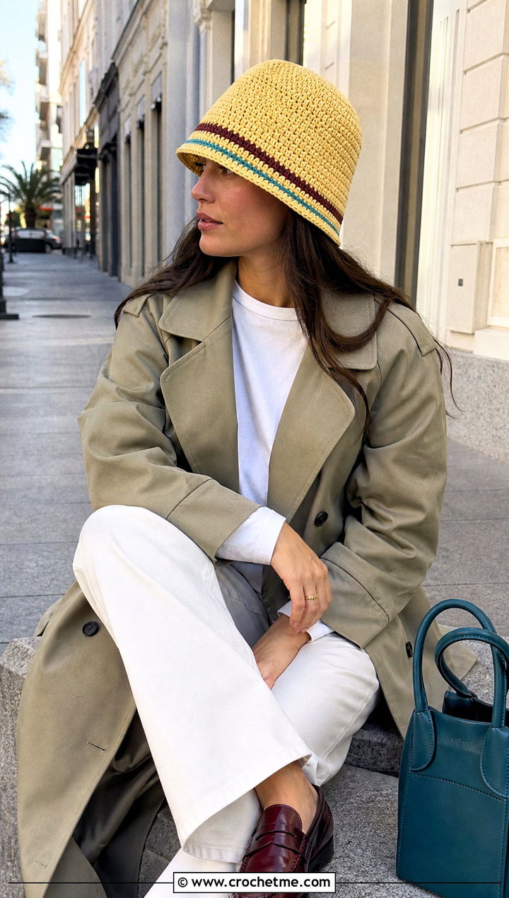 Striped Brim Yellow Crochet Bucket Hat With Trench Coat - 30 yellow crochet bucket hat outfit ideas