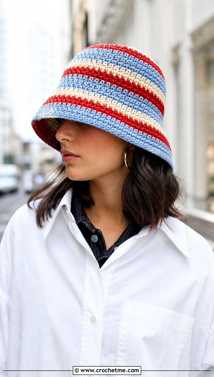 Striped Bucket Hat With White Shirt And Jeans - 25 one skein crochet hat outfit ideas