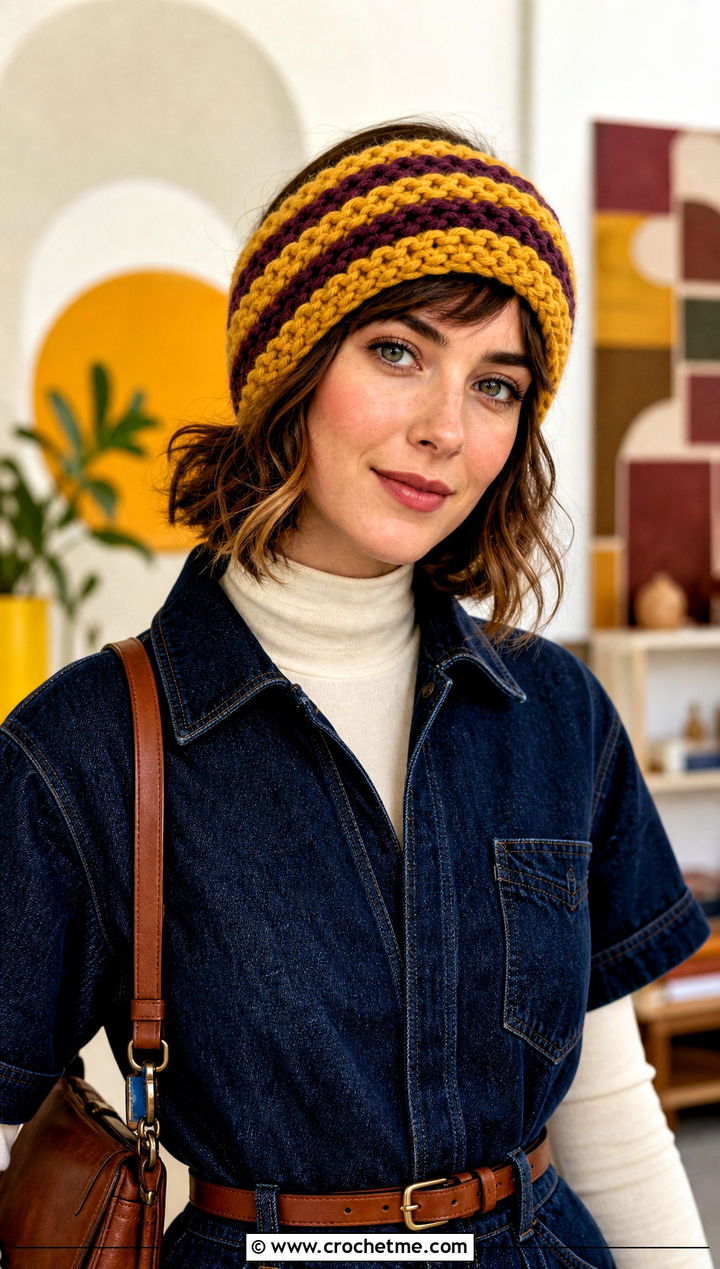 Striped Bulky Crochet Ear Warmer With Denim Jumpsuit - 25 Bulky Crochet Ear Warmer outfit ideas