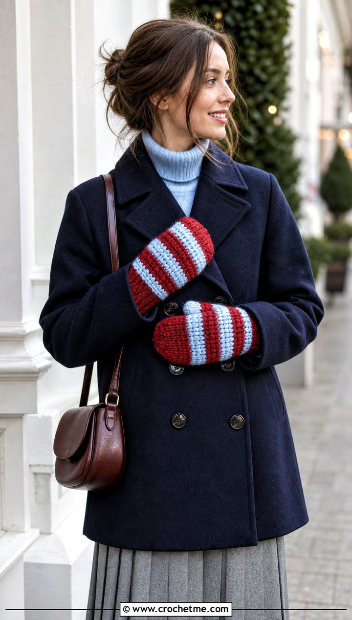 Striped Bulky Crochet Mittens With Pea Coat And Pleated Skirt - 15 Bulky Crochet Mittens outfit ideas