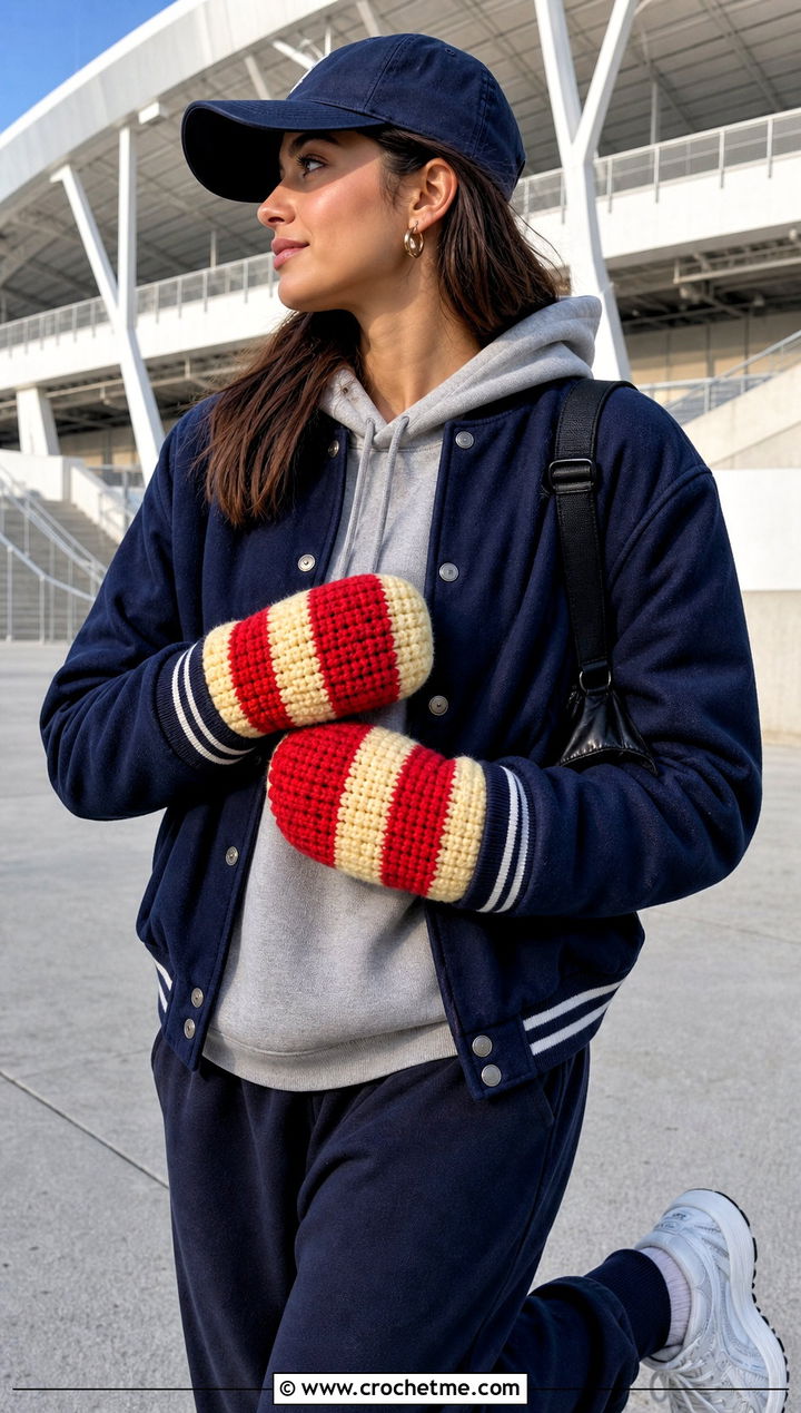 Striped Bulky Crochet Mittens With Varsity Jacket - 20 Crochet Mittens Bulky Yarn outfit ideas