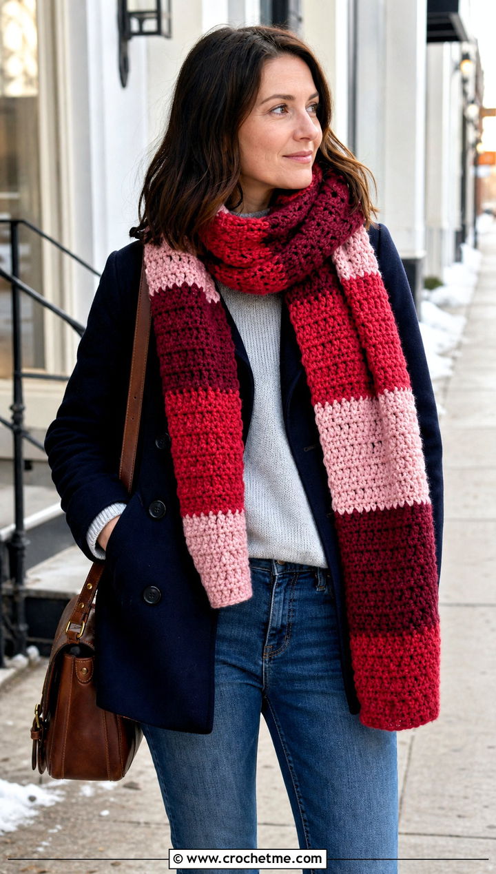 Striped Bulky Crochet Scarf With Peacoat - 30 bulky crochet scarf outfit ideas