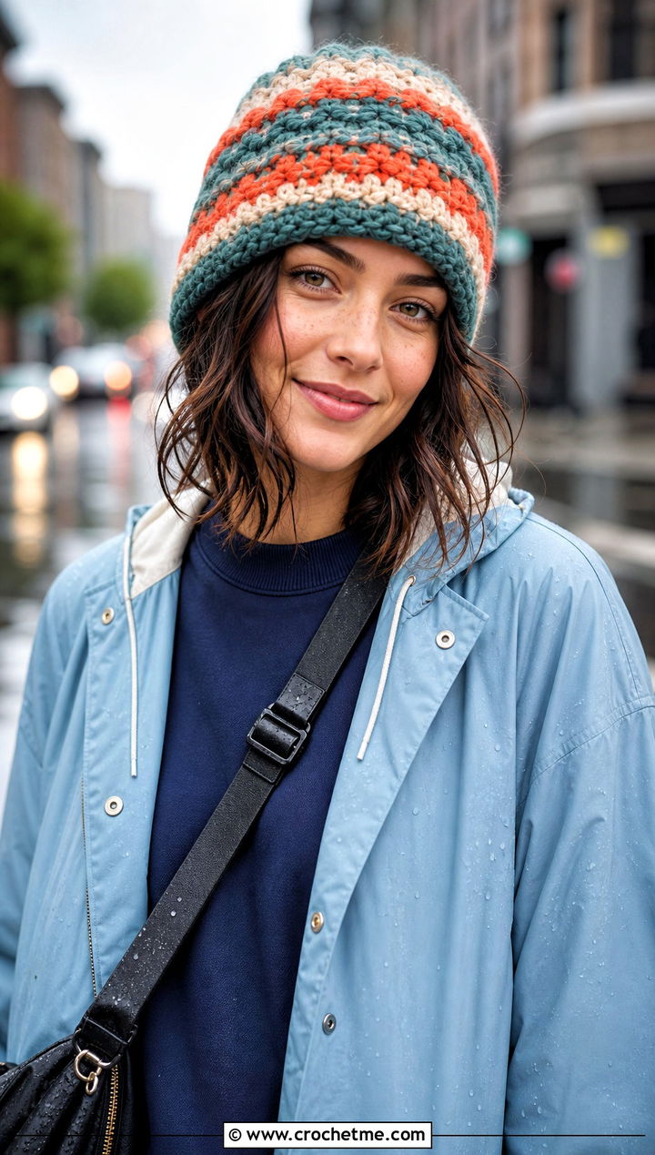 Striped Bulky Yarn Crochet Beanie With Raincoat - 30 bulky yarn crochet beanie outfit ideas