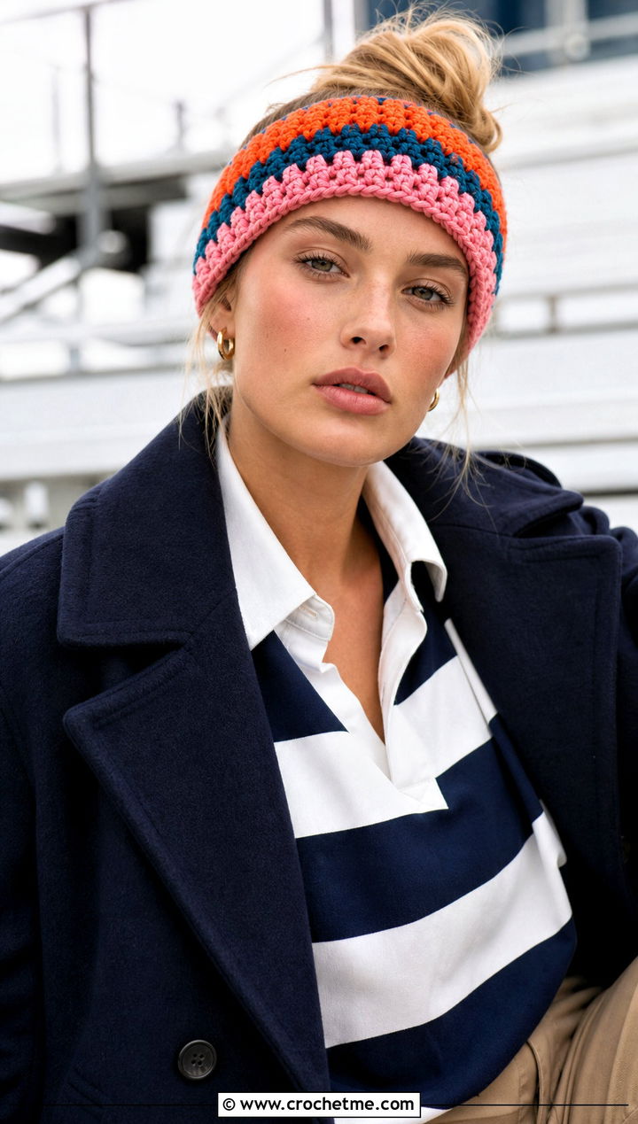 Striped Bulky Yarn Crochet Headband With Rugby Shirt - 25 bulky yarn crochet headband outfit ideas