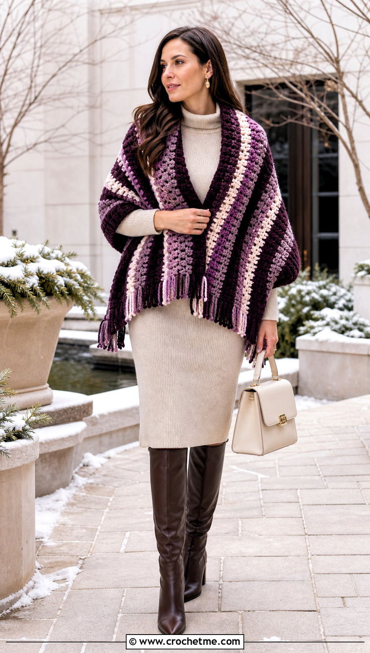 Striped Bulky Yarn Crochet Shawl With Sweater Dress - 20 Bulky Yarn Crochet Shawl outfit ideas