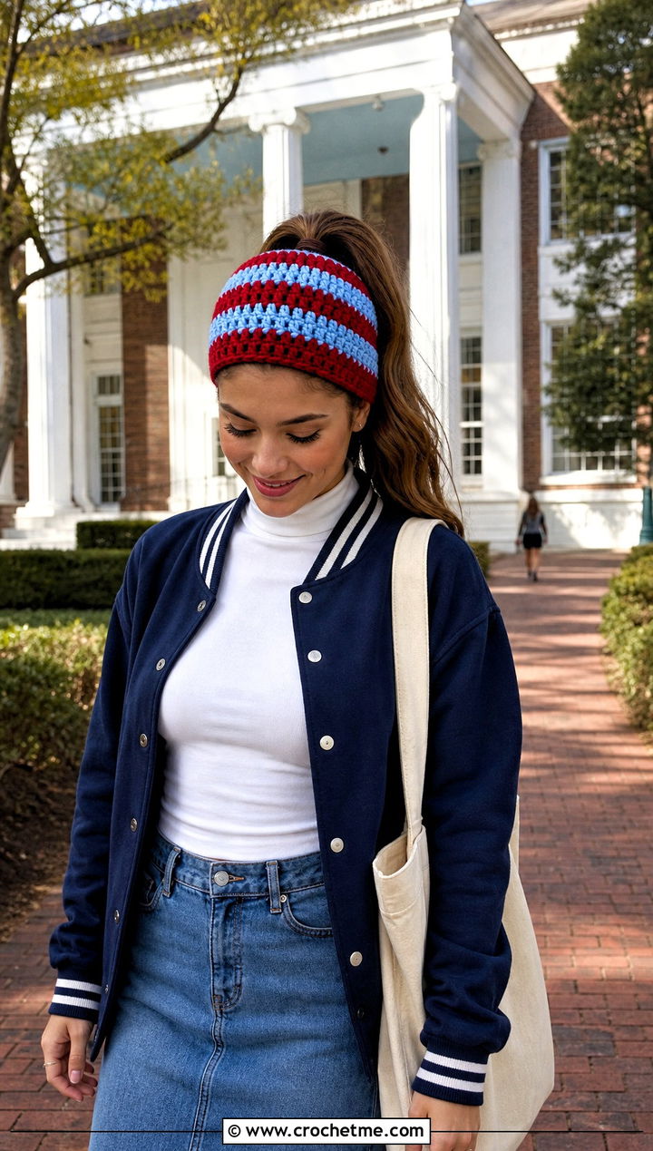 Striped Bun Crochet Beanie With Varsity Jacket And Denim Midi Skirt - 25 Bun Crochet Beanie outfit ideas