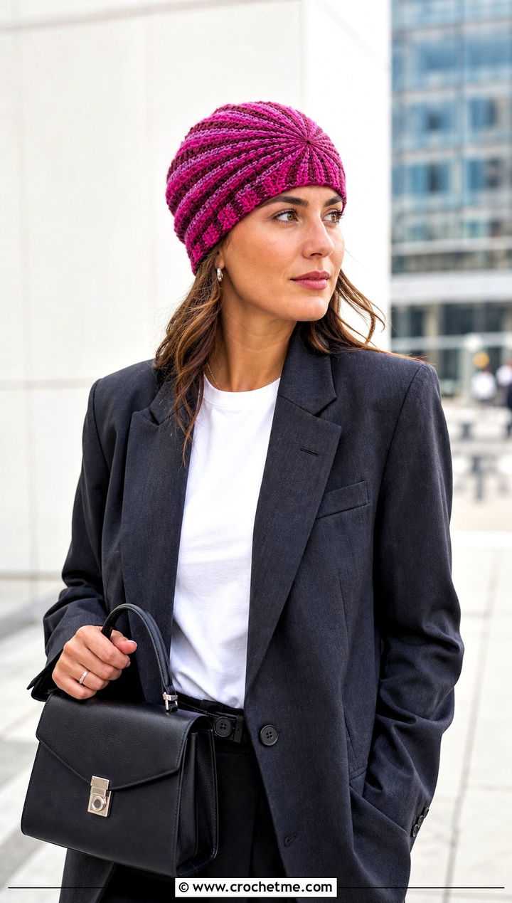 Striped Burst Crochet Beanie With Monochrome Suit - 15 burst crochet beanie outfit ideas