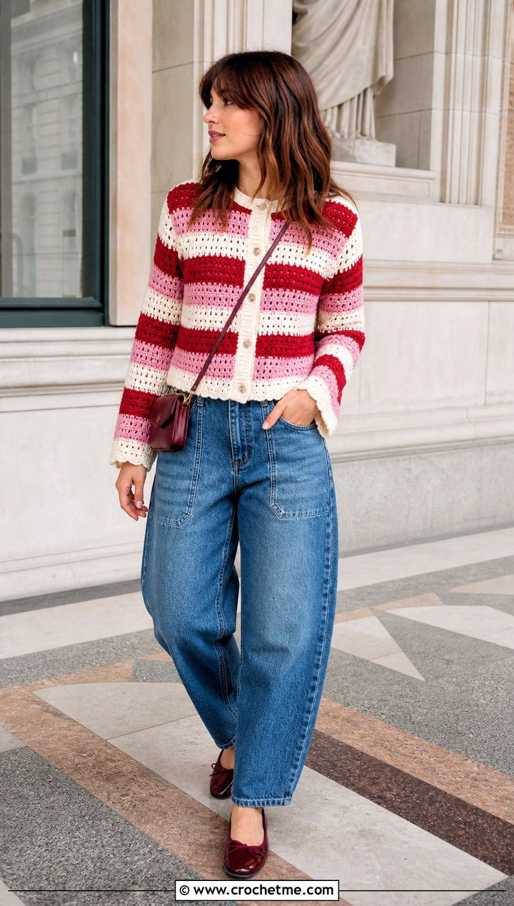 Striped Button Cardigan With Barrel Jeans - 25 Crochet Button Cardigan outfit ideas