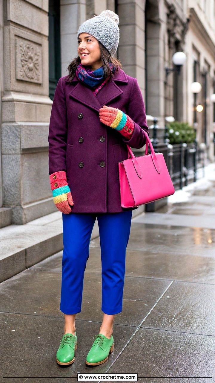 Striped Button Cuff Crochet Gloves With Peacoat - 35 crochet gloves outfit ideas