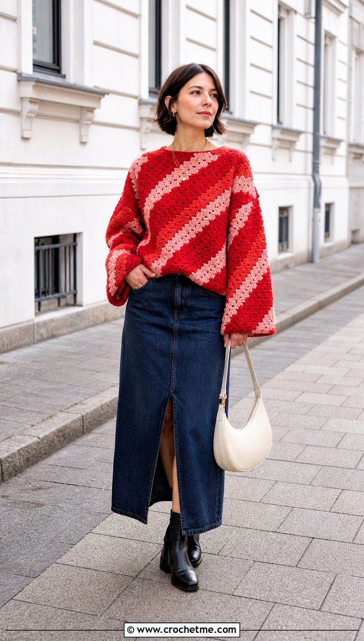 Striped C C Crochet Sweater With Denim Maxi Skirt - 25 c2c crochet sweater outfit ideas