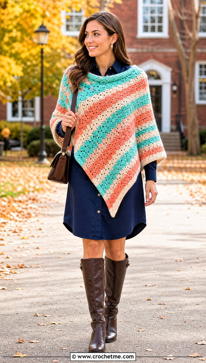 Striped C C Poncho With Shirt Dress - 15 Crochet C2C Poncho outfit ideas