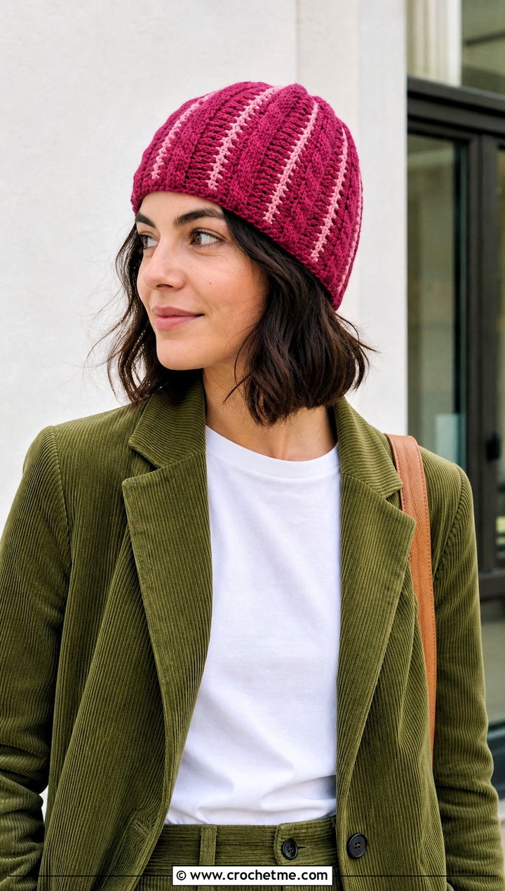 Striped Cable Crochet Hat With Corduroy Suit - 25 Cable Crochet Hat outfit ideas