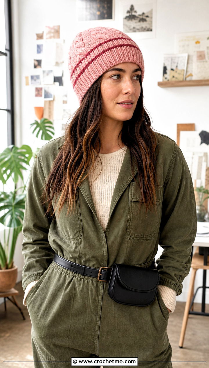 Striped Cable Stitch Beanie With Utility Jumpsuit - 20 Crochet Cable Stitch Beanie outfit ideas
