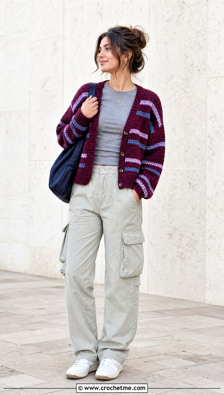 Striped Campfire Cardigan With Cargo Pants - 30 crochet campfire cardigan outfit ideas