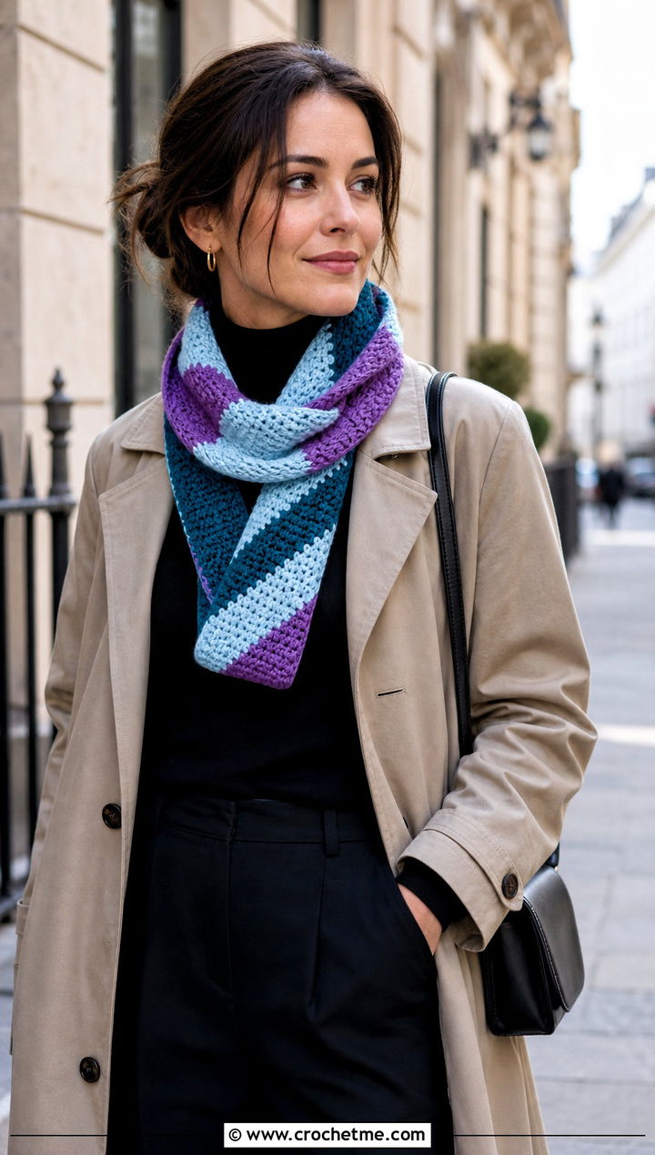 Striped Candy Scarf With Trench Coat - 15 crochet candy scarf outfit ideas