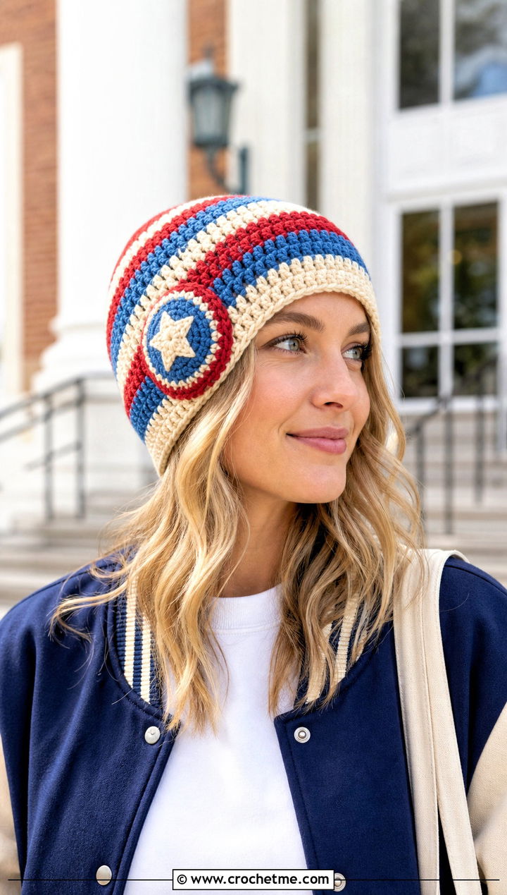 Striped Captain America Crochet Beanie With Varsity Jacket - 15 Captain America Crochet Beanie outfit ideas