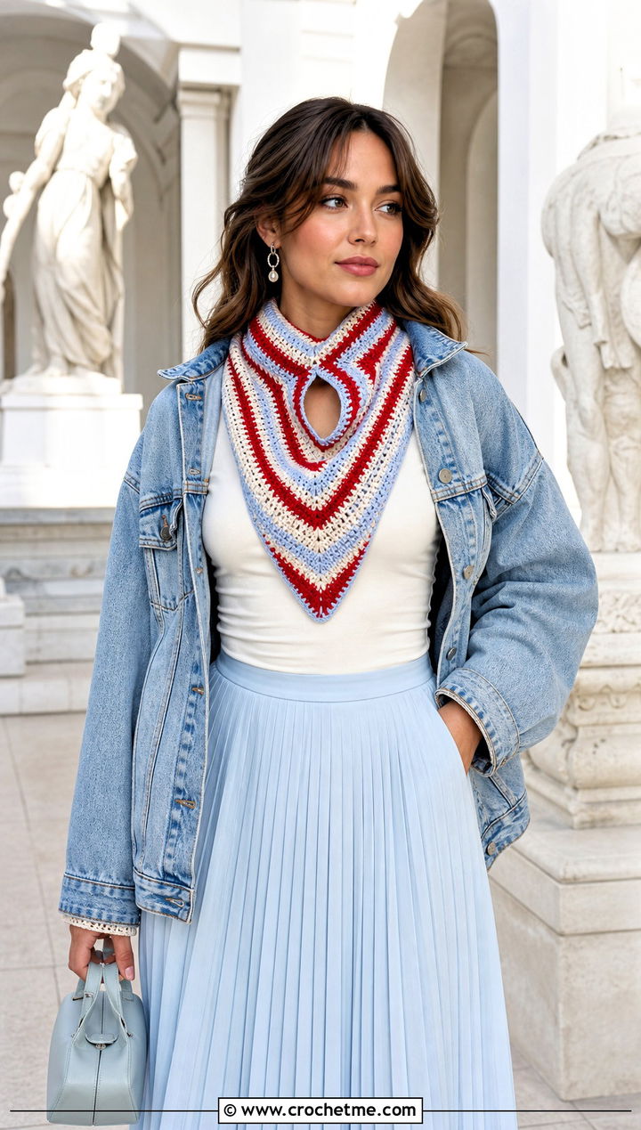 Striped Cari Keyhole Crochet Scarf With Denim Jacket and Midi Skirt - 15 Cari Keyhole Crochet Scarf outfit ideas
