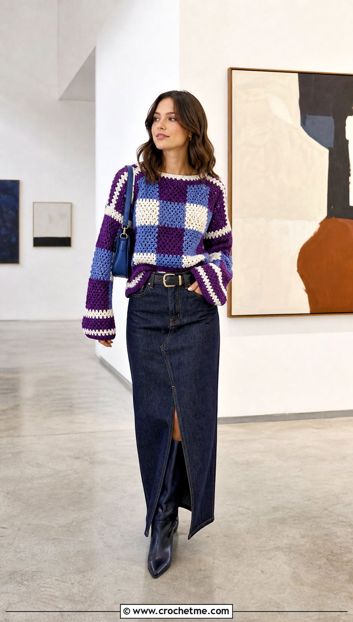 Striped Checkered Sweater With Denim Maxi Skirt - 30 crochet checkered sweater outfit ideas