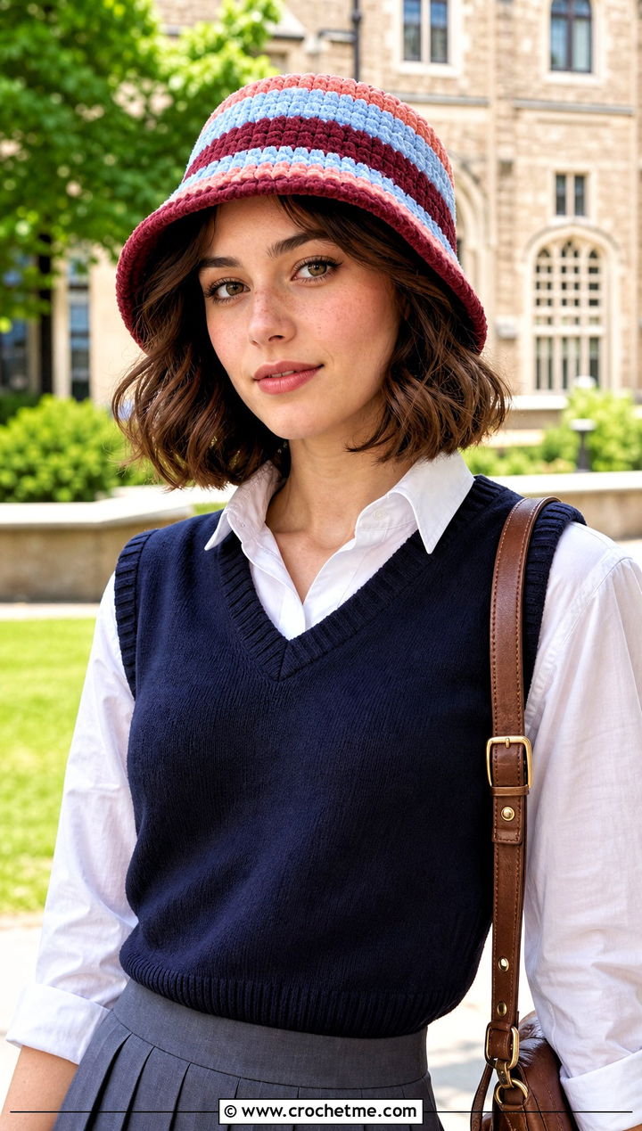 Striped Chenille Bucket Hat With Preppy Outfit - 30 crochet chenille hat outfit ideas
