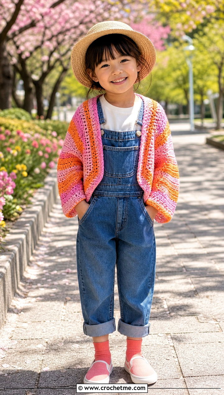 Striped Childs Hexagon Cardigan With Denim Overalls - 15 Crochet Childs Hexagon Cardigan outfit ideas