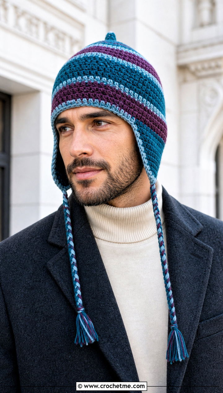 Striped Chullo Crochet Earflap Hat With Wool Overcoat - 20 Mens Crochet Earflap Hat outfit ideas