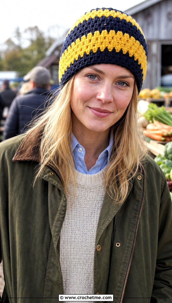 Striped Chunky Beanie With Barn Jacket - 35 crochet chunky beanie outfit ideas