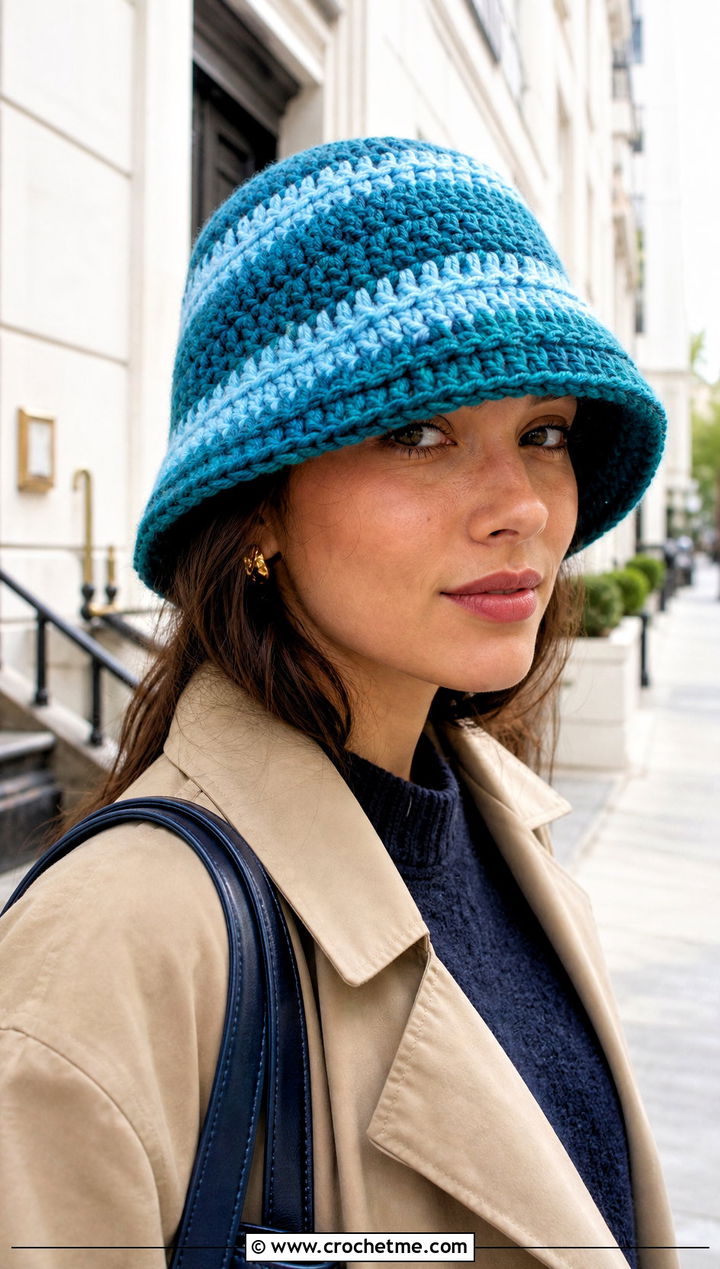 Striped Chunky Bucket Hat With Trench Coat - 30 crochet chunky bucket hat outfit ideas