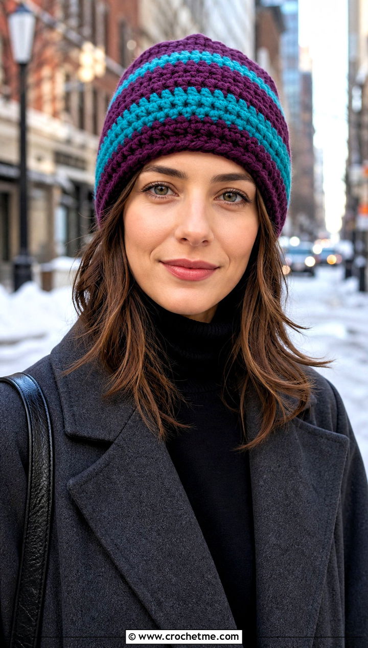 Striped Chunky Crochet Beanie With Maxi Coat - 15 Simple Chunky Crochet Hat outfit ideas