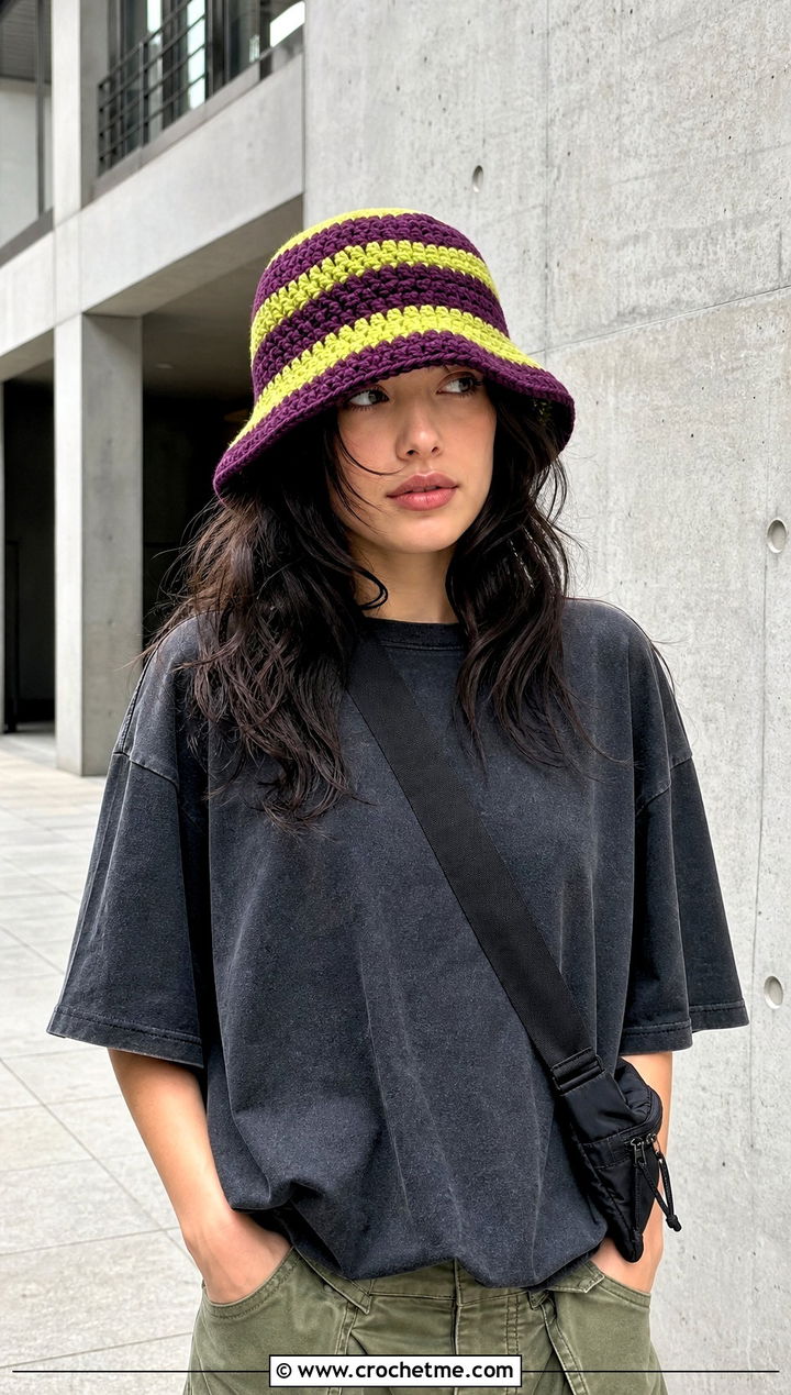 Striped Chunky Crochet Bucket Hat With Cargo Pants - 25 Chunky Crochet Bucket Hat outfit ideas